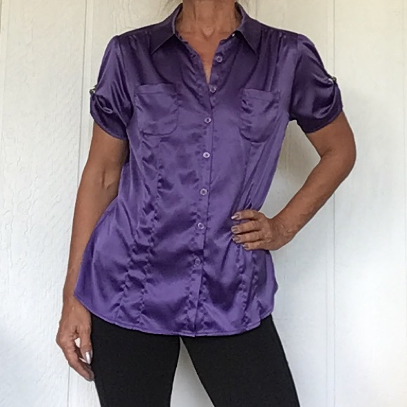 MACYS STYLE & CO PURPLE SATIN BUTTON DOWN BLOUSE SIZE 12 - Picture 3 of 10